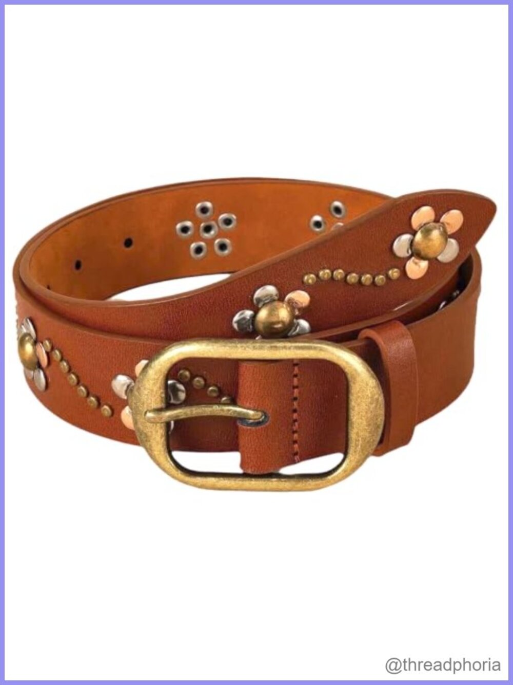 Western Boho Floral Studded PU Leather Belt 1.4in Adjustable Faux Leather